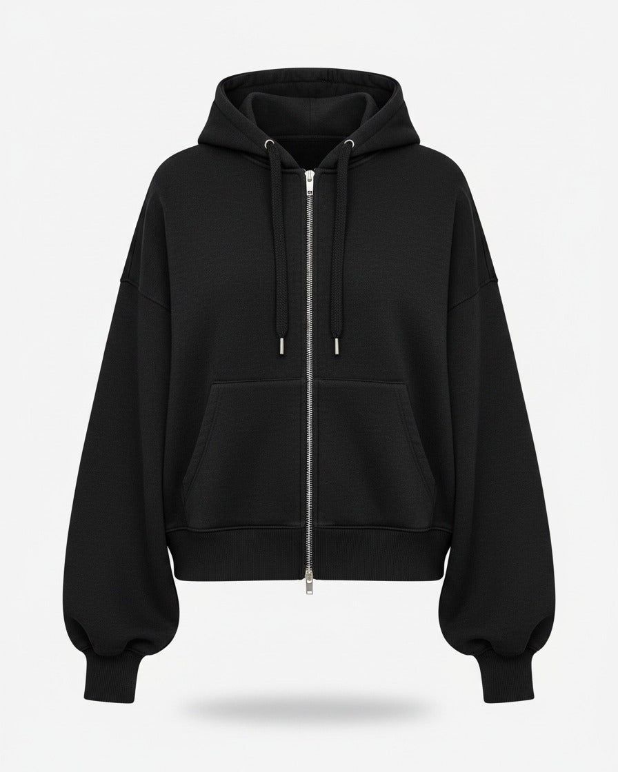 Daan Hoodie - Relaxed Zip in Black - profile front
