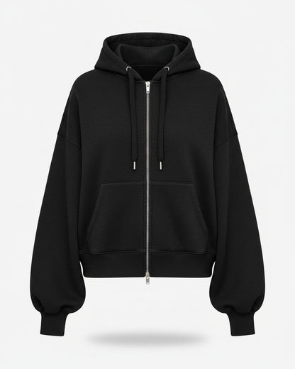 Daan Hoodie - Relaxed Zip in Black - profile front