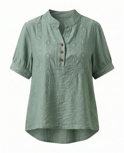 Roas Blouse - Stand-Collar Linen in green - profile front