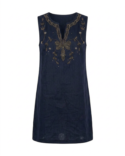 Renata Dress - Zip Linen in Navy blue - profile front