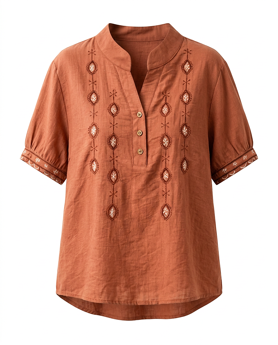 Roas Blouse - Stand-Collar Linen in Orange