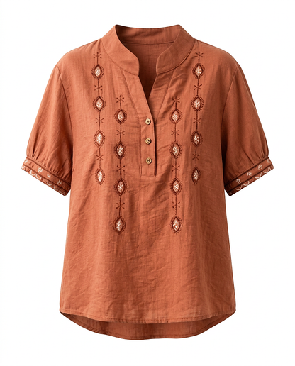 Roas Blouse - Stand-Collar Linen in Orange