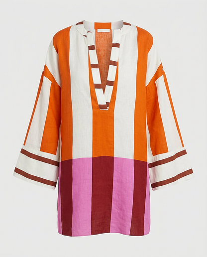 Anouk Dress - Relaxed Linen in Striped Print - profile front