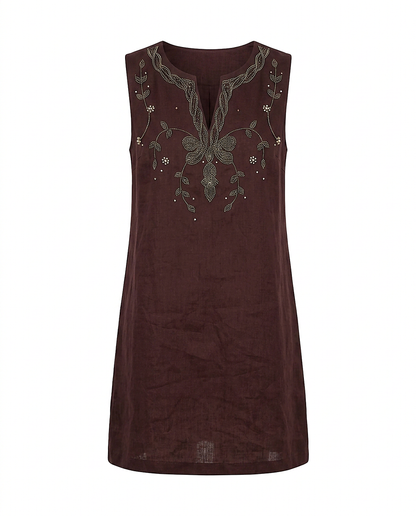 Renata Dress - Zip Linen in Brown - profile front brown