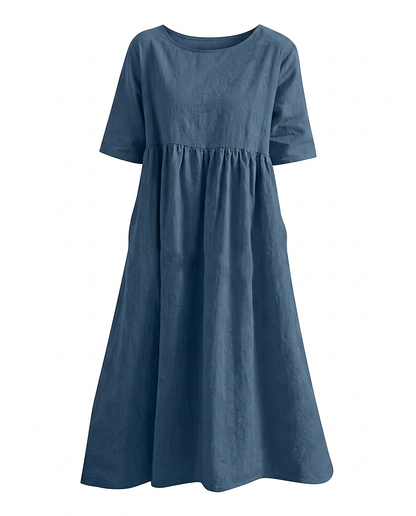 Odette Dress - Relaxed Linen in Blue - profile front