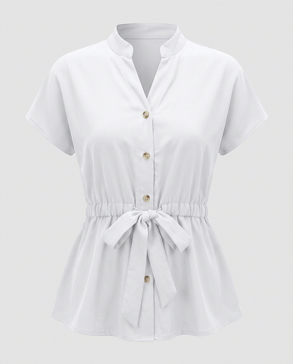 Tabitha Blouse - Relaxed Stand-Collar in White Shirt - profile front white shirt