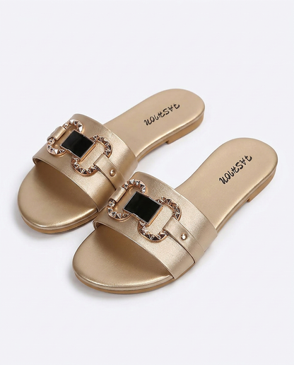 Edith Sandals - Round-Toe Leather in Gold - profile front gold