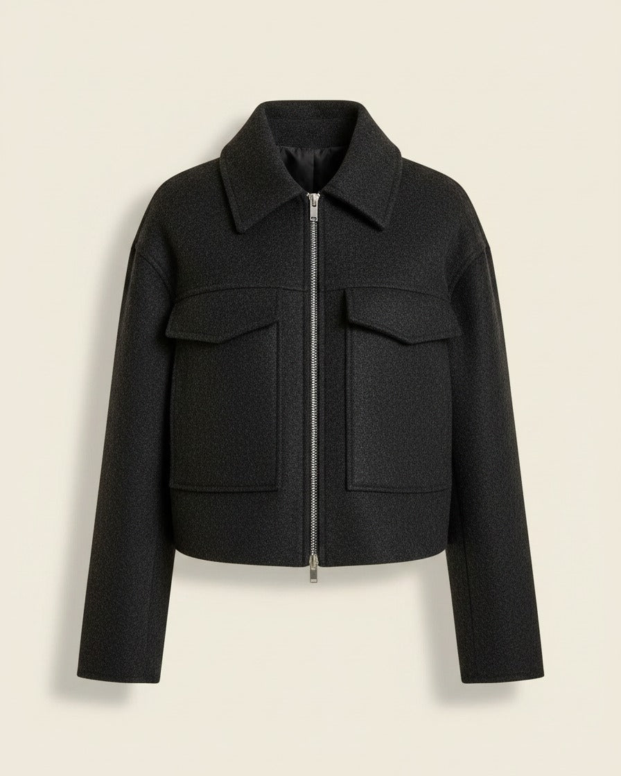 Tane Jacket - Relaxed Zip Wool in black - profile front