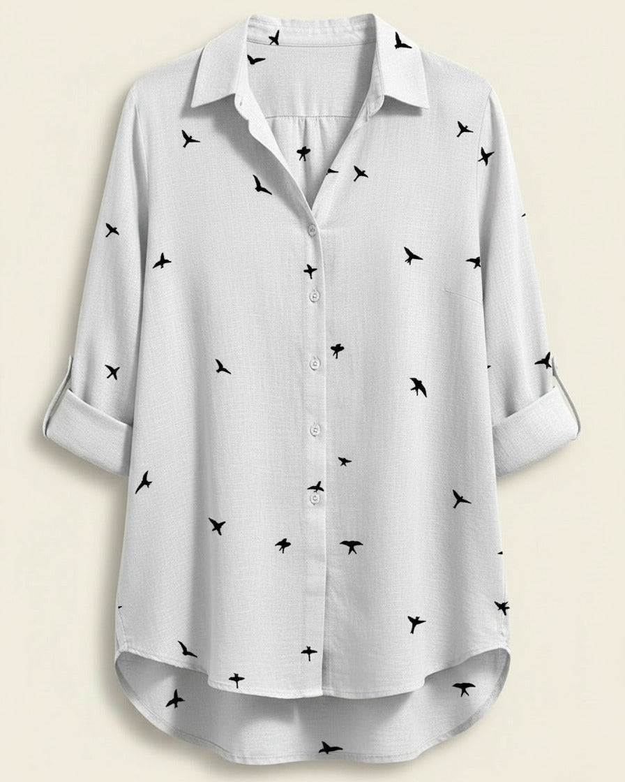Lior Blouse - Relaxed Linen in Birds Print White - profile front birds print white