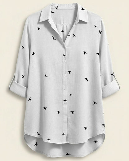 Lior Blouse - Relaxed Linen in Birds Print White - profile front birds print white