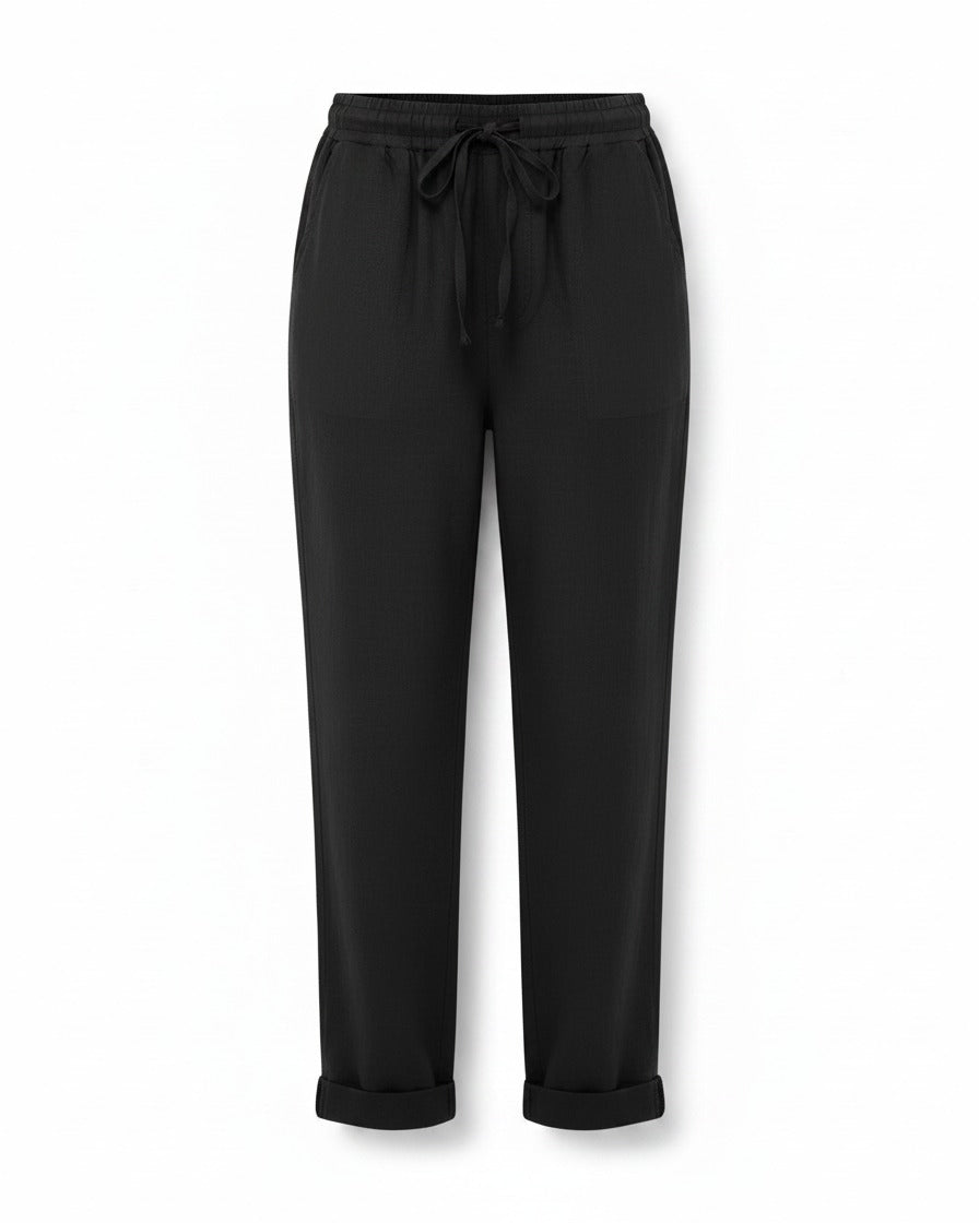 Naos Trousers - Relaxed Straight-Leg Linen in Black - profile front black