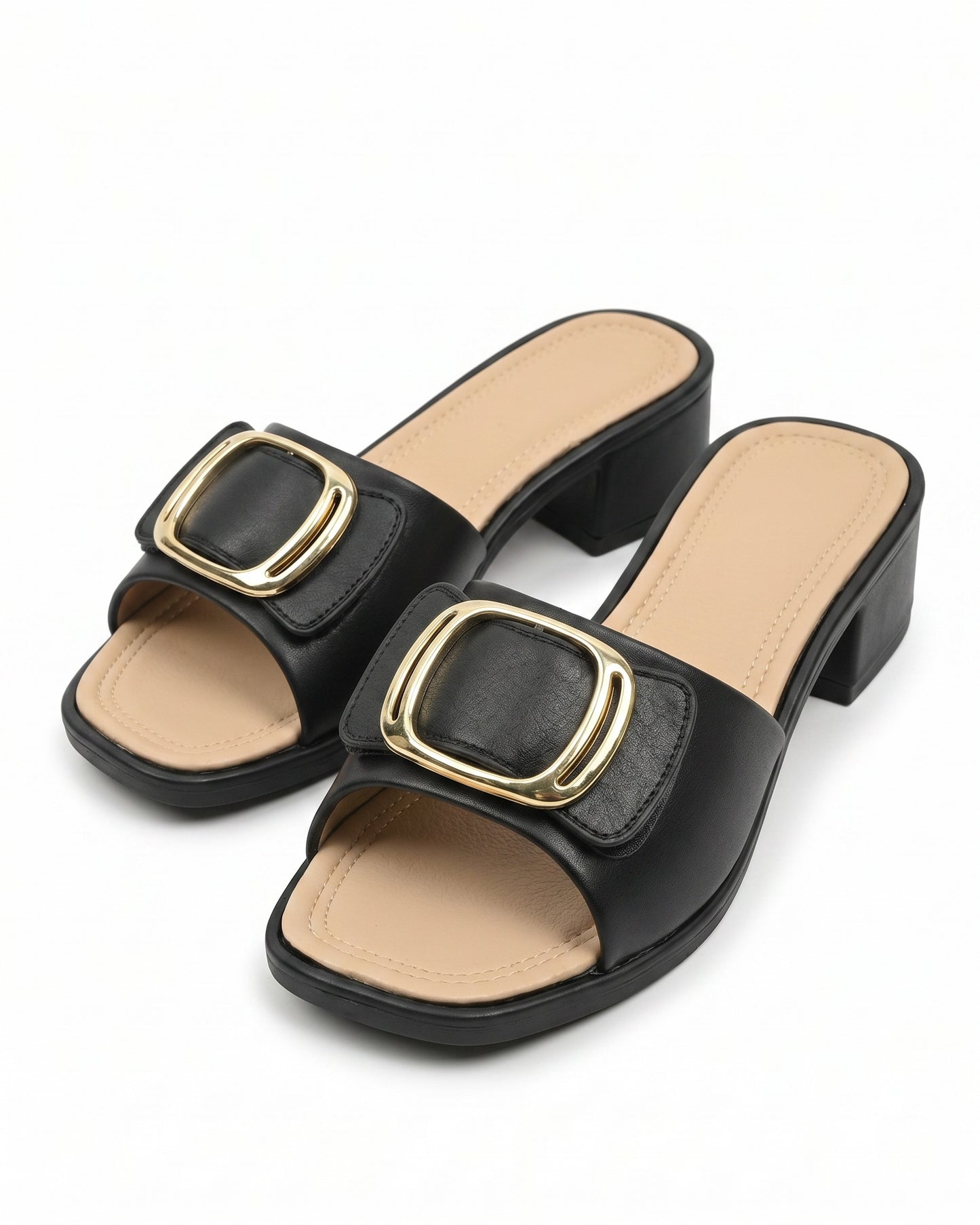 Vael Sandals - Square-Toe Block-Heel in Black - profile front black