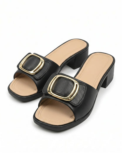 Vael Sandals - Square-Toe Block-Heel in Black - profile front black