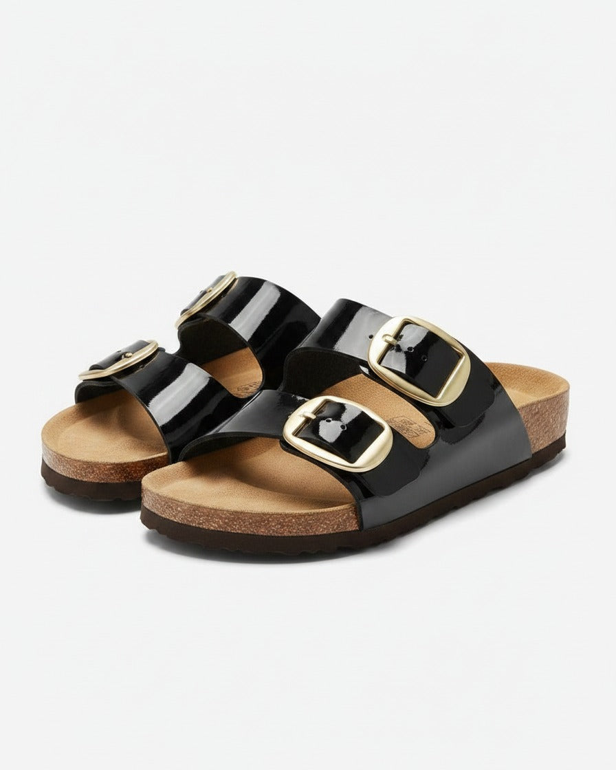 Gael Sandals - Faux Leather in Black Patent - profile front black patent