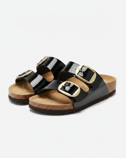 Gael Sandals - Faux Leather in Black Patent - profile front black patent