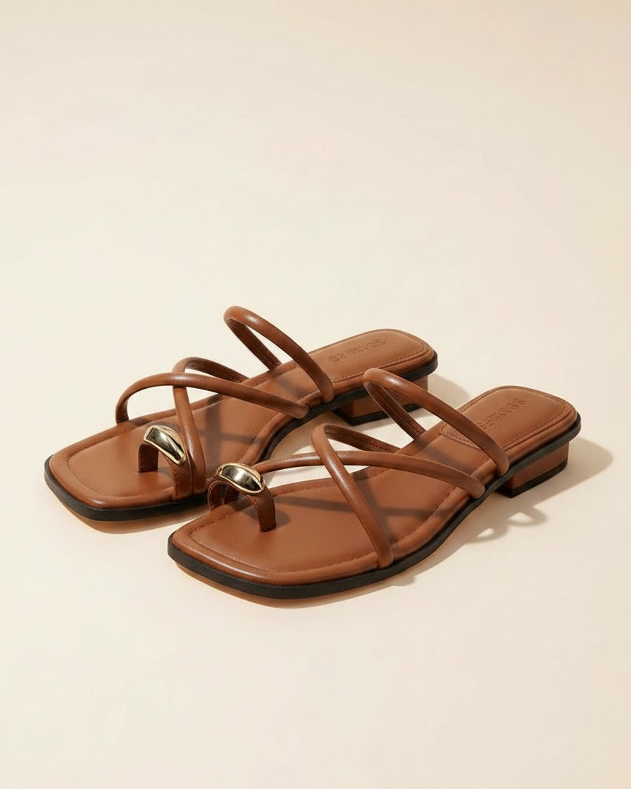 Lars Sandals - Square-Toe Block-Heel Leather in Brown - profile front brown