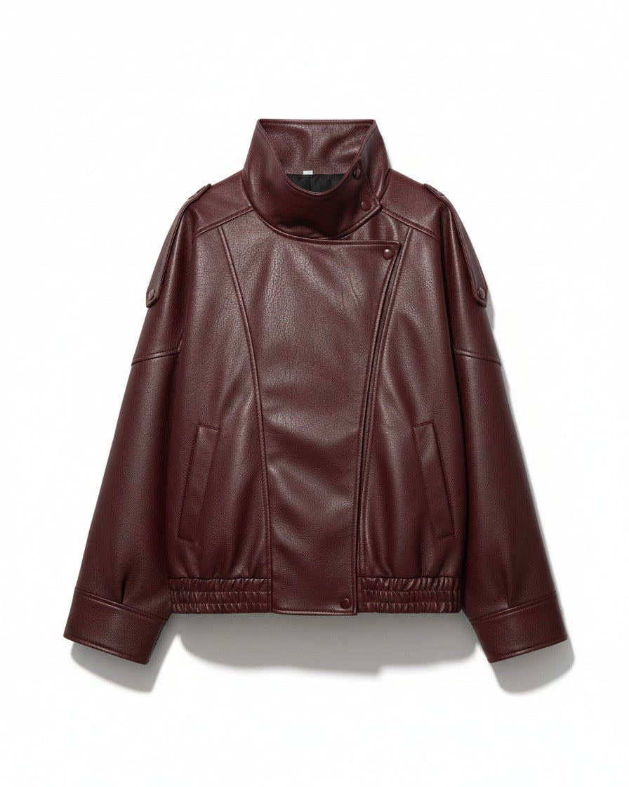 Wren Jacket - Relaxed Faux Leather in Burgundy - profile front burgundy