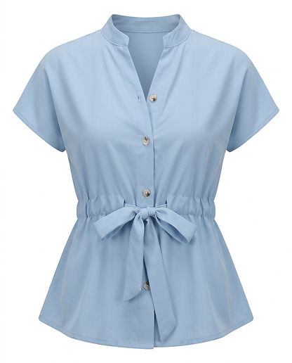 Tabitha Blouse - Relaxed Stand-Collar in Blue Shirt - profile front