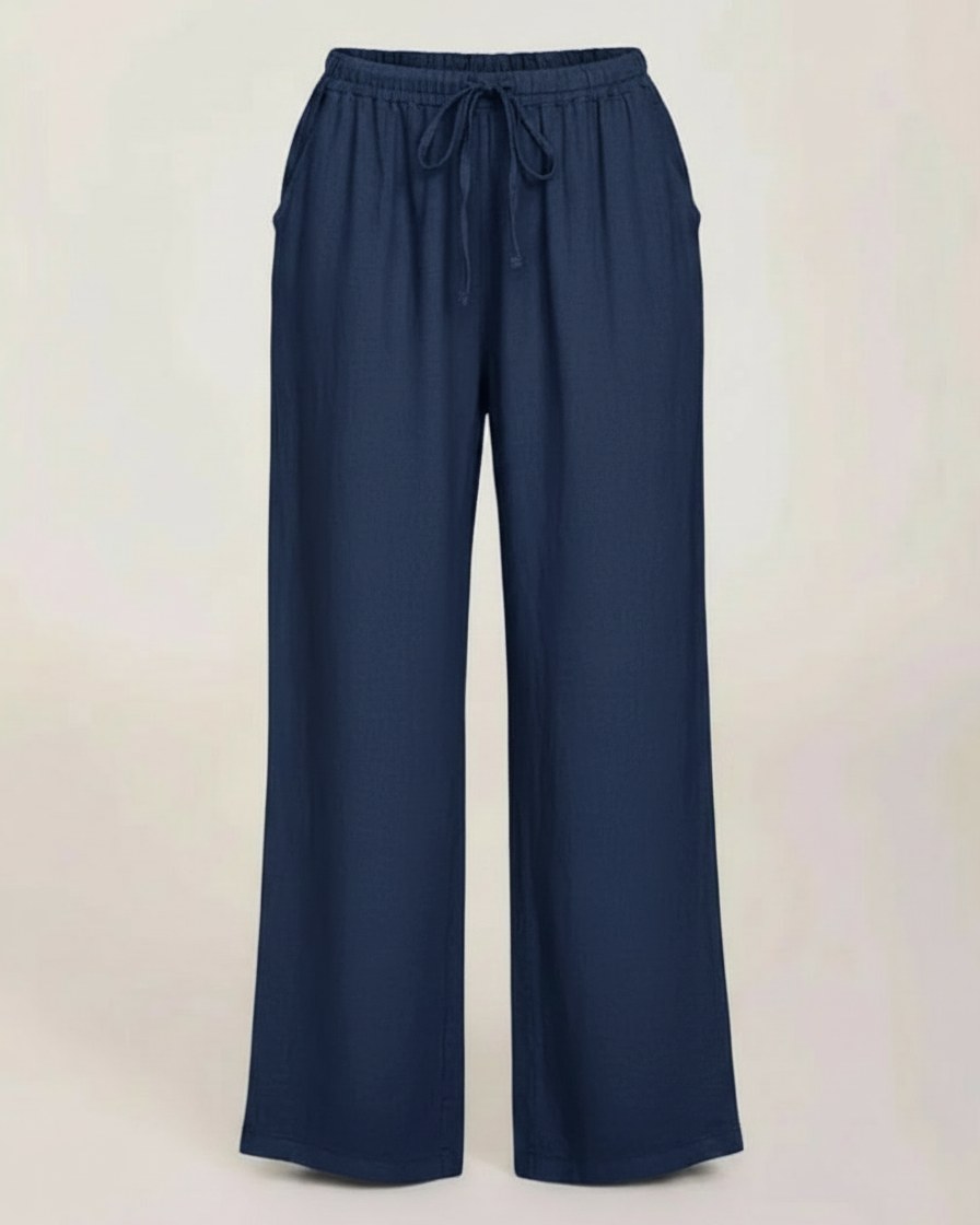 Sloane Trousers - Relaxed Wide-Leg Linen in Deep Blue - profile front deep blue