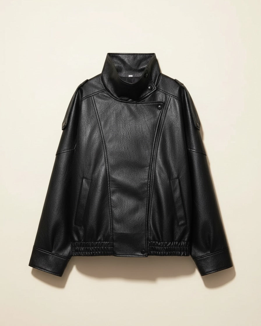 Wren Jacket - Relaxed Faux Leather in black - profile front