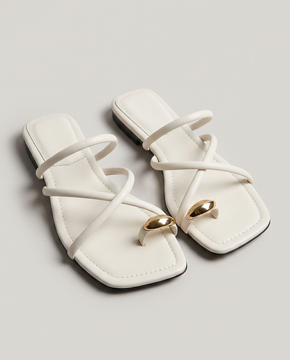 Odette Sandals - Square-Toe Block-Heel Strappy Leather in WHITE - profile front