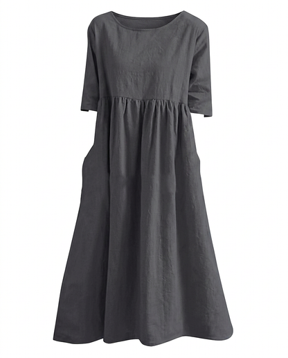 Odette Dress - Relaxed Linen in Dark Grey - profile front dark grey