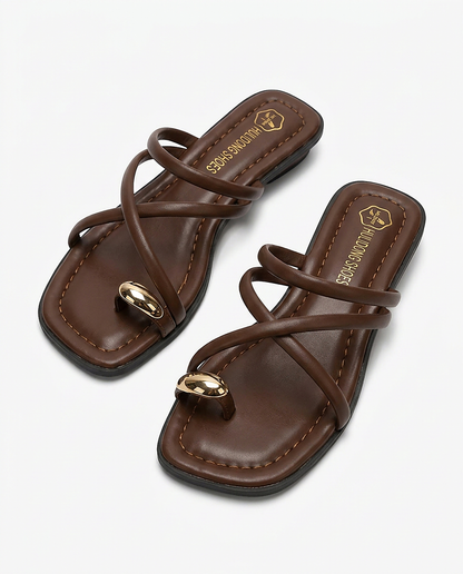 Odette Sandals - Square-Toe Block-Heel Strappy Leather in Brown - profile front brown