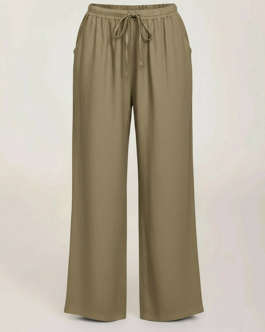 Sloane Trousers - Relaxed Wide-Leg Linen in Khaki - profile front khaki