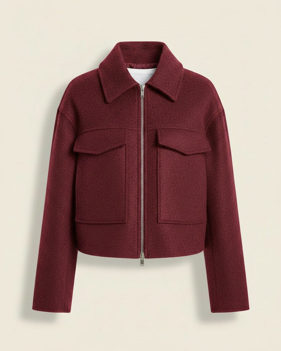 Tane Jacket - Relaxed Zip Wool in Wine Red - profile front wine red