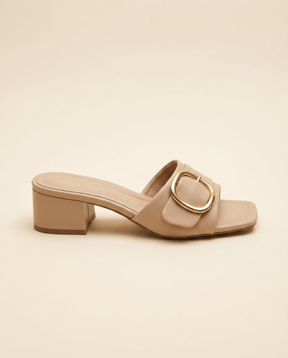 Vael Sandals - Square-Toe Block-Heel in Beige - profile side