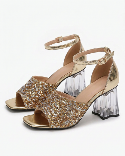 Hazel Sandals - Square-Toe Block-Heel in Gold - profile side