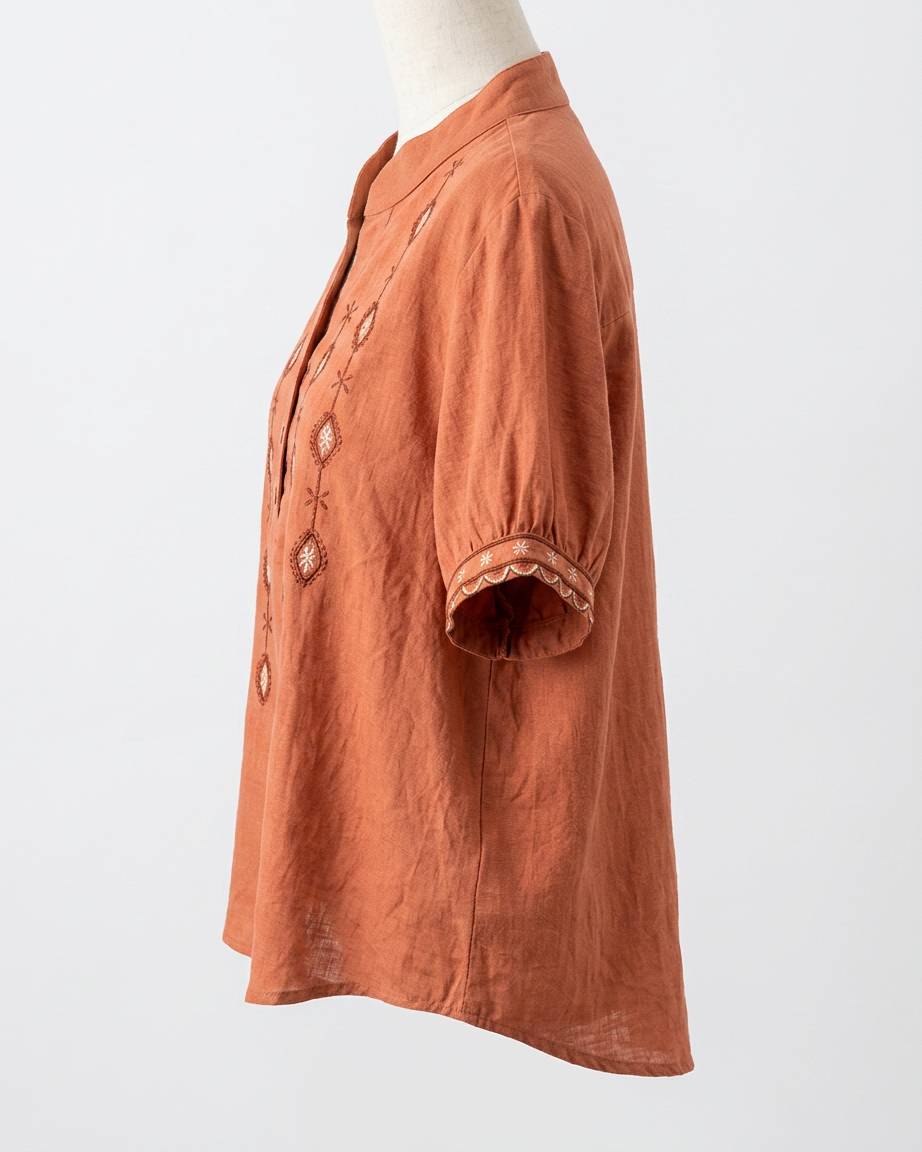 Roas Blouse - Stand-Collar Linen in Orange - profile side orange