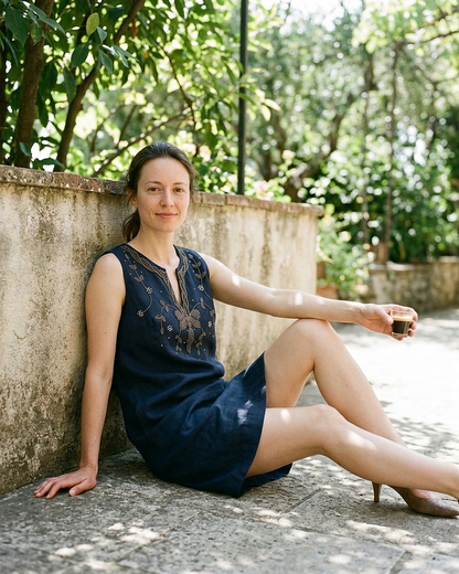 Renata Dress - Zip Linen in Navy blue - seated 1