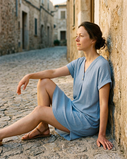 Sigrid Dress - Relaxed in Light Blue - seated 1