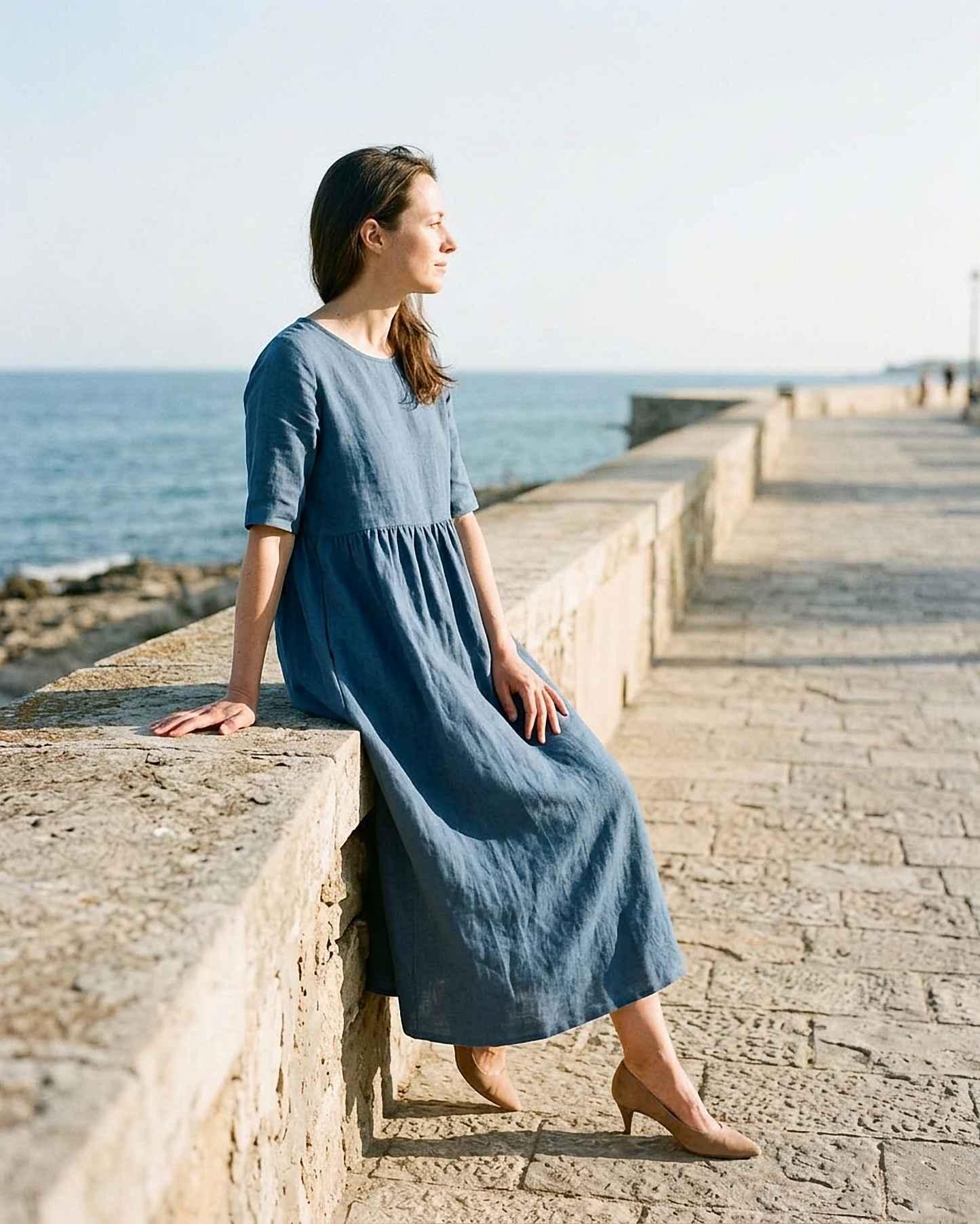 Odette Dress - Relaxed Linen in Blue - seated 1