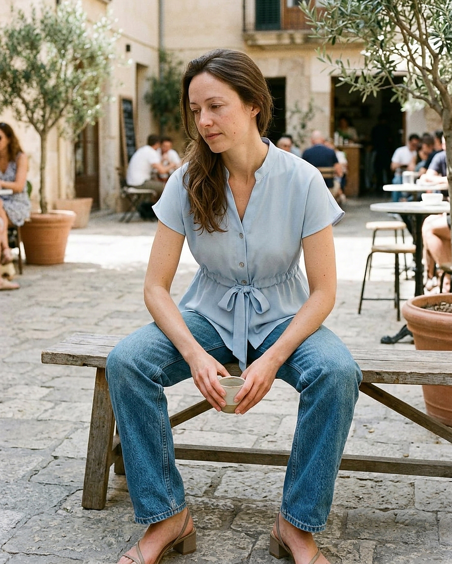 Tabitha Blouse - Relaxed Stand-Collar in Blue Shirt - seated 1