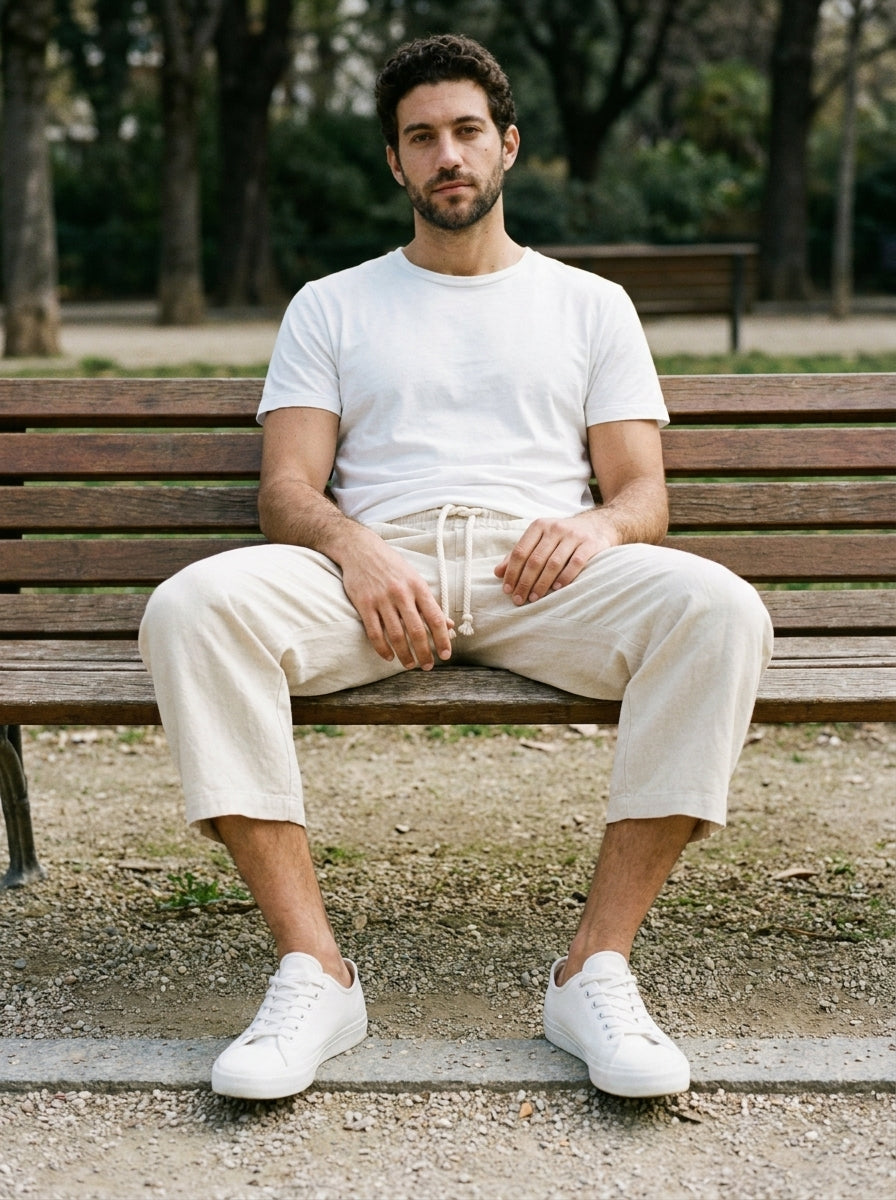 Yukio Trousers - Cropped Drawstring - Beige White