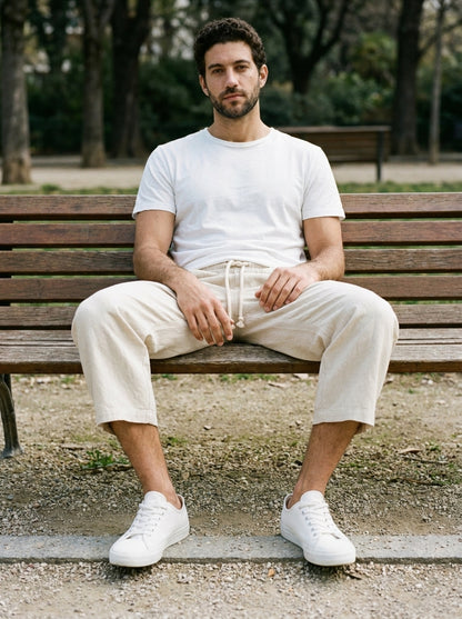 Yukio Trousers - Cropped Drawstring - Beige White