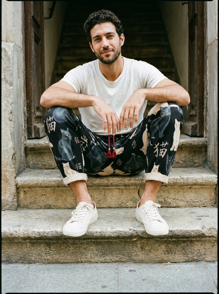Neko Kaito Trousers - Cropped Print - Black