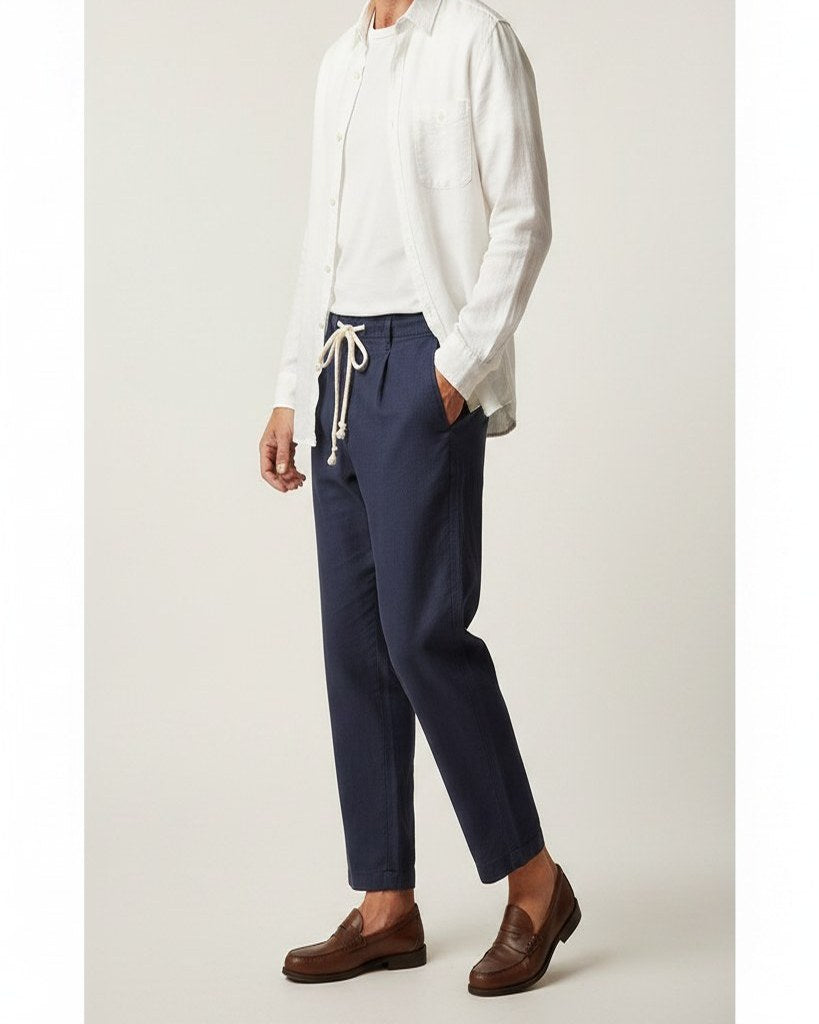 Pael Trousers - Relaxed Linen in Navy - side fit