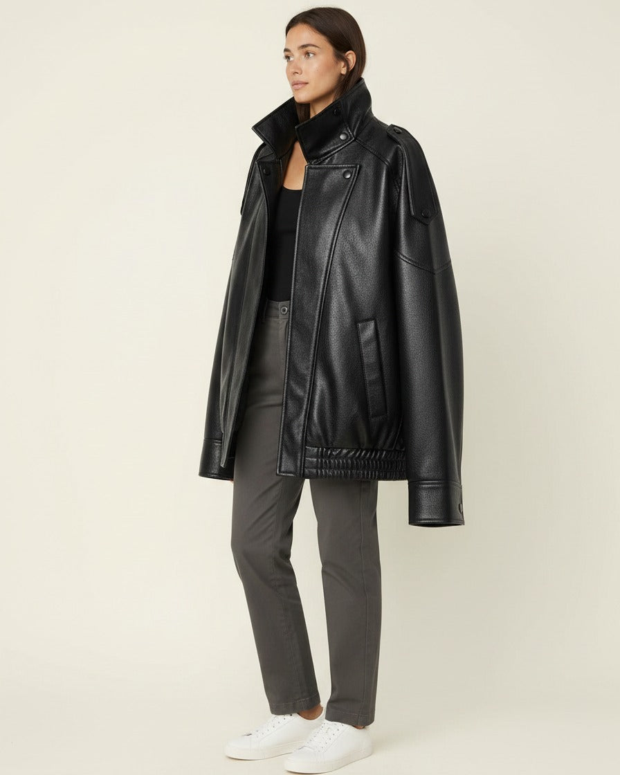 Wren Jacket - Relaxed Faux Leather in black - side fit