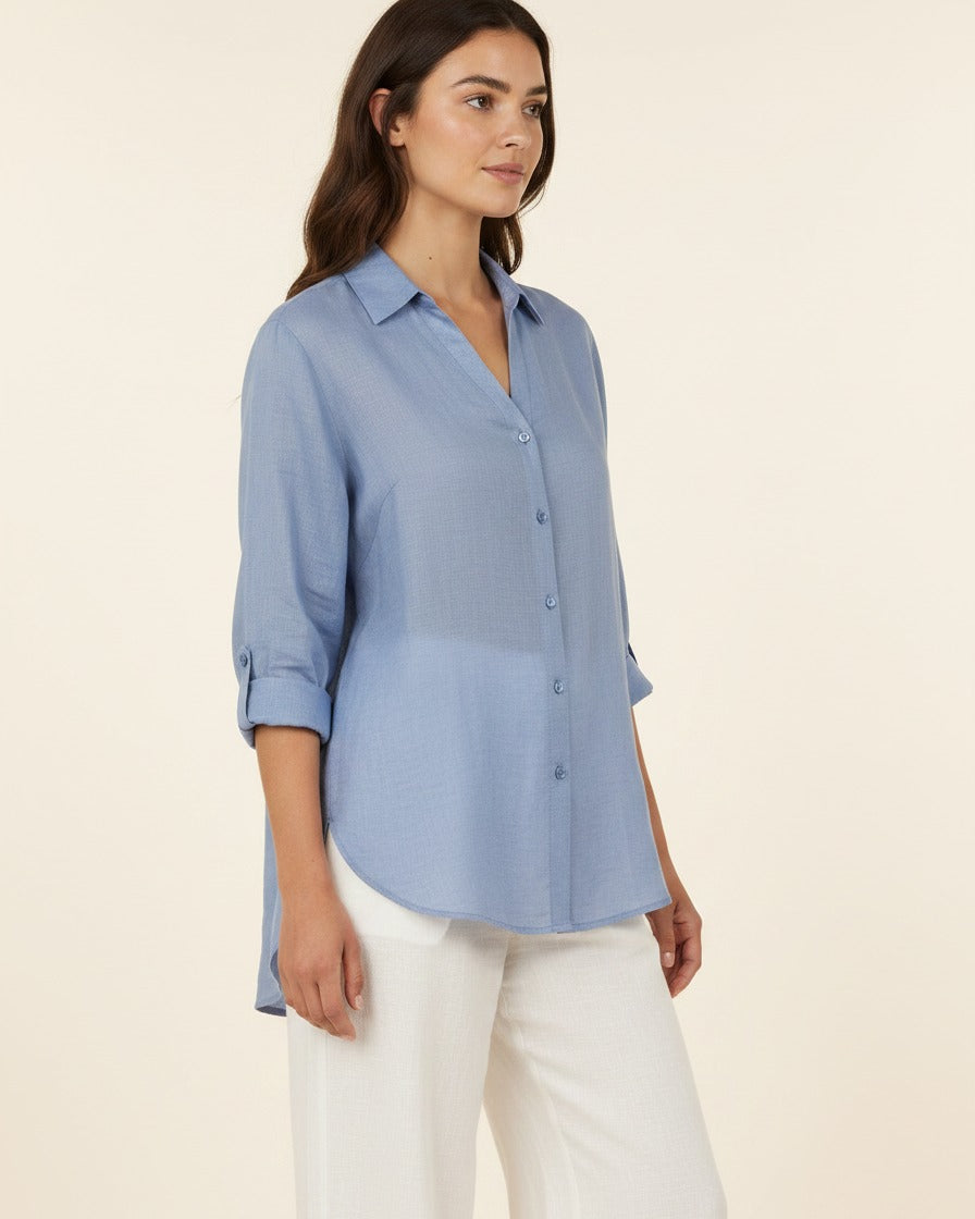 Lior Blouse - Relaxed Linen in Blue - side fit