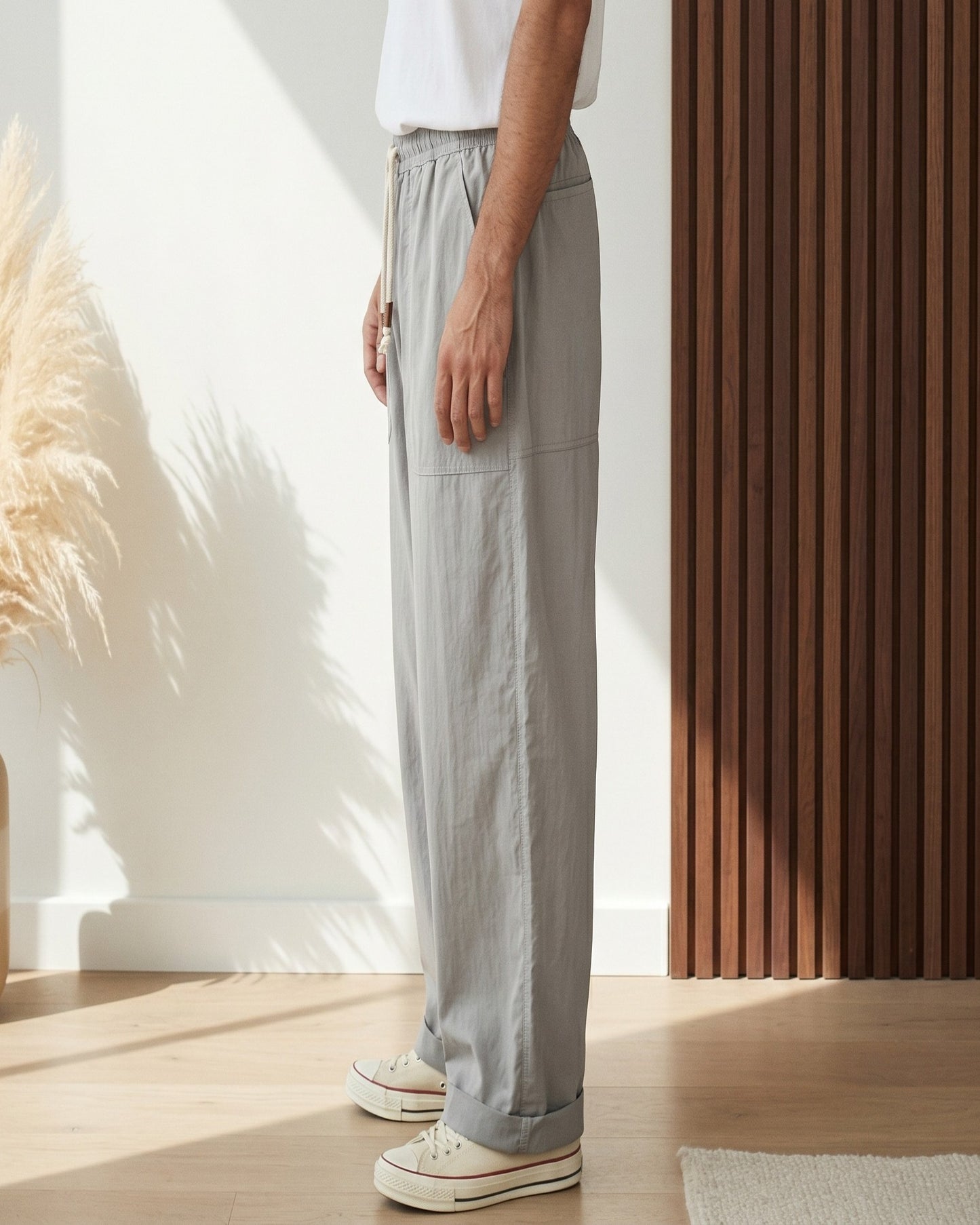 Orin Trousers - Relaxed Wide-Leg Leather in Grey - side fit