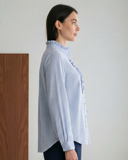 Zeno Blouse - Stand-Collar in Blue - side fit