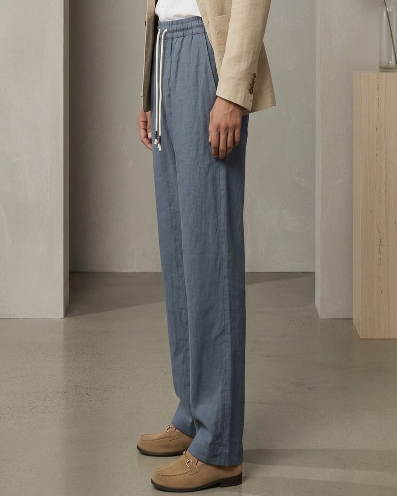 Cove Trousers - Relaxed Wide-Leg Linen in Navy Blue - side fit