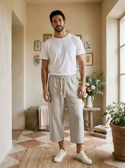 Yukio Trousers - Cropped Drawstring - Beige White