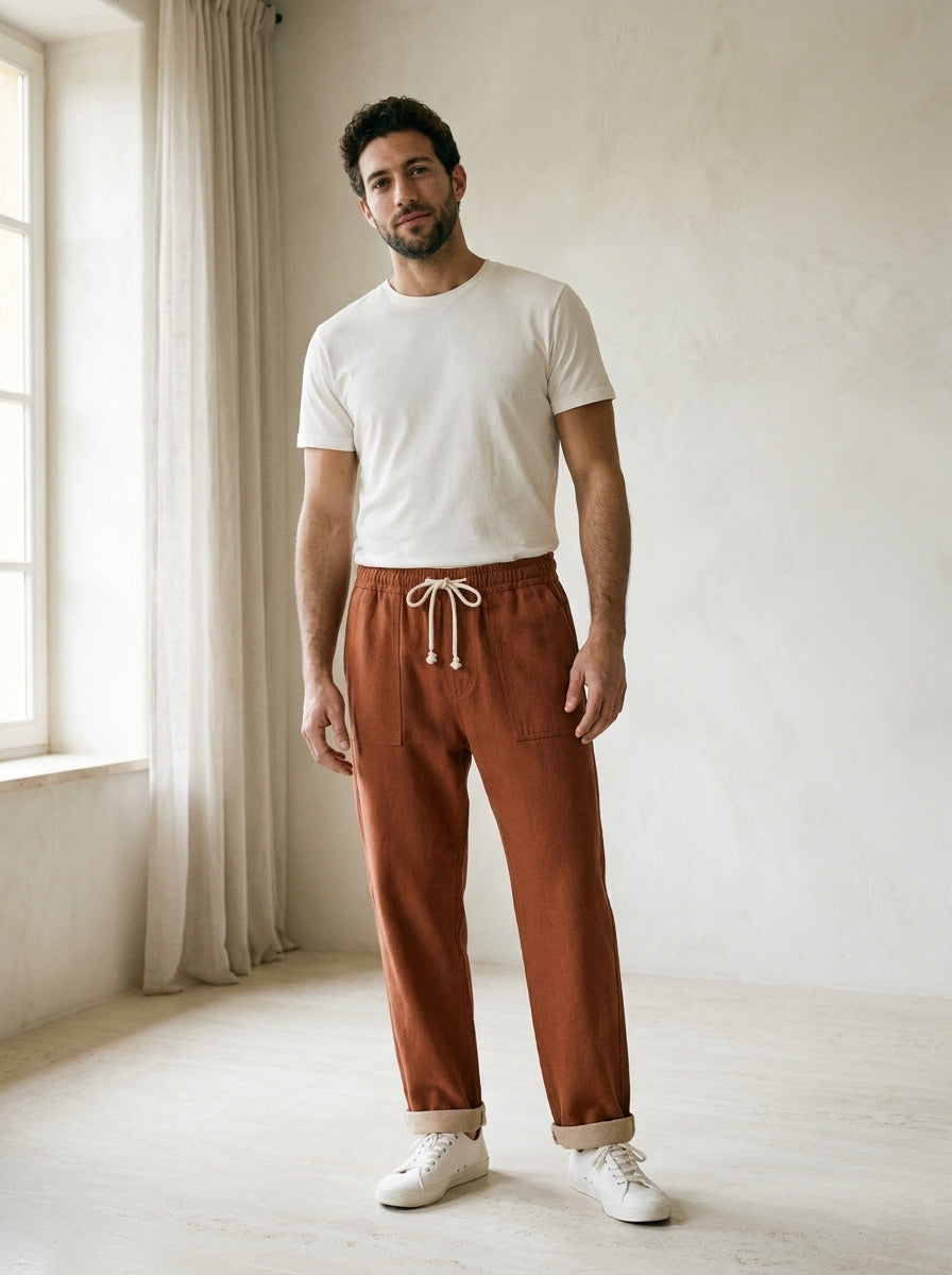 Hiroshi Trousers - Tailored Drawstring - Red Brown