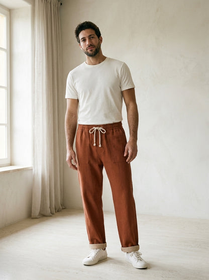 Hiroshi Trousers - Tailored Drawstring - Red Brown